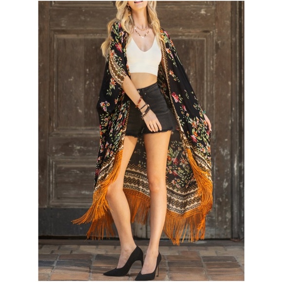 2 - Boho Floral Geo Print Tassel Open Front Kimono Cover up - Picture 3 of 4